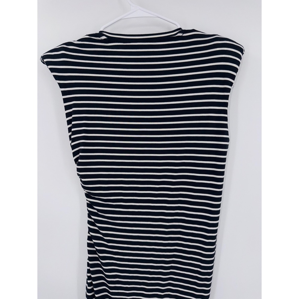 Veronica Beard Jeans Navy White Striped Ruched Padded Shoulder Midi Dress S - Picture 10 of 13